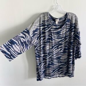3/$25 Chico's Navy Gray Burnout Velvet Lace Trim Scoop Neck Blouse 3